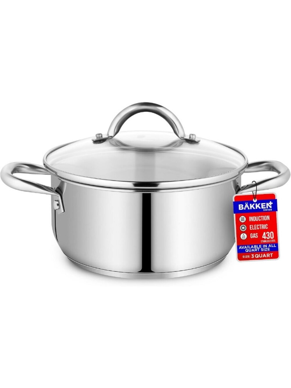 Durable 3-Quart Stainless Steel Stockpot with Glass Lid, Even Heating & Oven